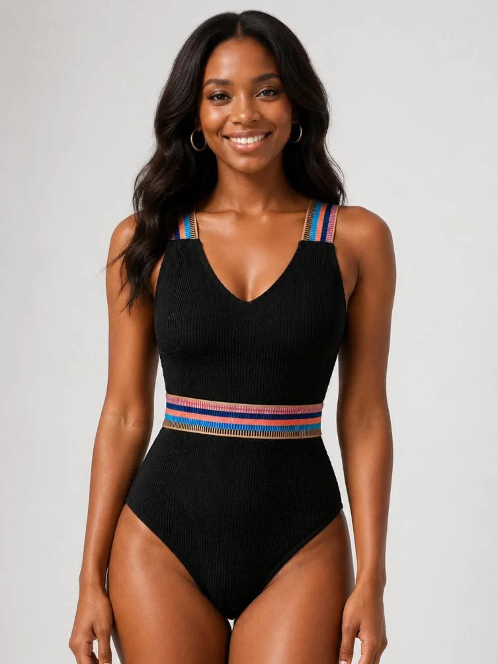 Cupshe Black Ribbed Striped One Piece Swimsuit Classic Coverage Size M NWT